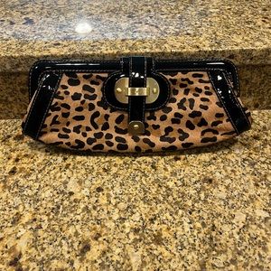 Rafe New York Leopard Calf Hair Print Long Clutch Purse Black Patent Leather